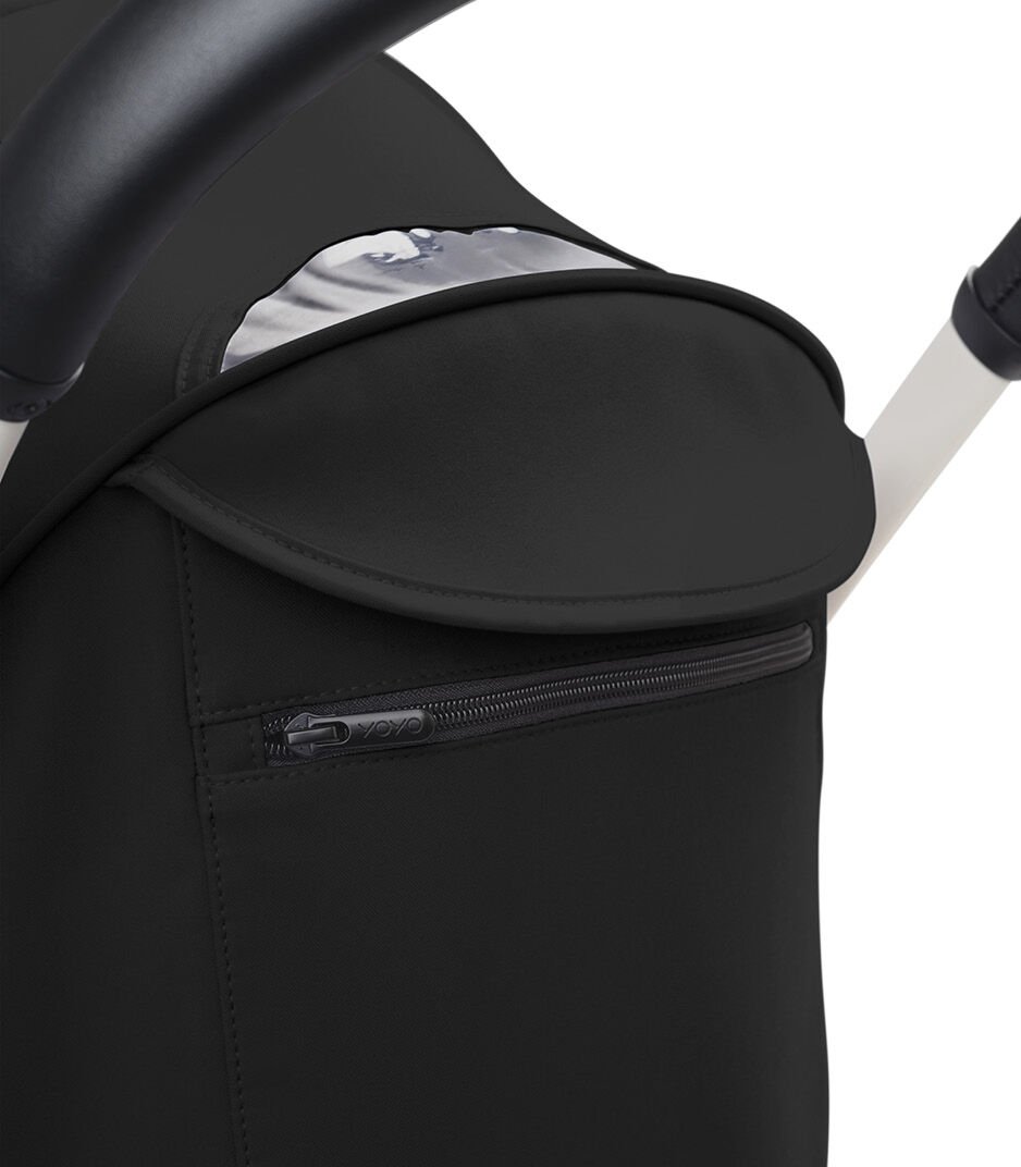 Stokke® YOYO3® 6+ Black. White Frame. Canopy ventilation closed, close-up. galery image 7